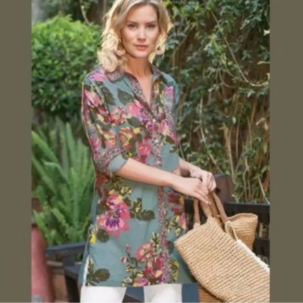 Soft Surroundings Scattered Roses Tunic Top Women's L Teal Pink Floral Long Boho